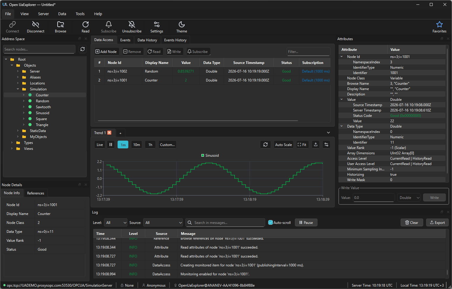 OpenUaExplorer main window with the address space tree, Data Access panel, a live trend graph and the activity log
